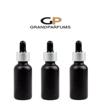 Load image into Gallery viewer, 6 LUXURY MaTTE SILVER Dropper Caps on 30ml Black Matte Glass Bottles