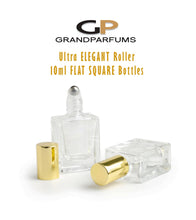 Load image into Gallery viewer, 6 Pcs SQUARE Essential Oil Rollers, Ultra LuXURY 10ml FLAT SQUARE Glass Bottles Gold or Silver Caps Perfume Oil Blends | Steel Rollers