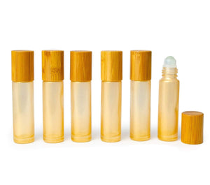 6Pcs GOLD SHiMMER 10ml Essential Oil Roller Bottles Natural BAMBOO Cap Steel, Glass or TigerEye GEMSTONE Rollerball | Sacral Chakra