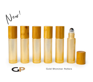 6Pcs GOLD SHiMMER 10ml Essential Oil Roller Bottles Natural BAMBOO Cap Steel, Glass or TigerEye GEMSTONE Rollerball | Sacral Chakra