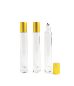 1 10ml THIN Cylindrical Glass Roller Bottle LUXURY Essential Oil Roller MATTE Gold Cap Clear Glass Roll-on Bottle, Steel Roller, 1/3 Oz, Gold, Silver or White Cap Options