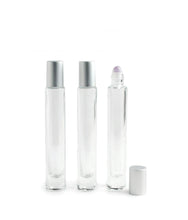 Load image into Gallery viewer, 10ml Tall Thin Cylindrical Luxury Essential Oil Rollers, with Gemston Inserts, MATTE Gold Caps, 10ml TAll, THIN Cylinder Bottles, Ultra Elegant Presentation for Perfumes (3 Pc)