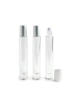 10ml Tall Thin Cylindrical Luxury Essential Oil Rollers, with Gemston Inserts, MATTE Gold Caps, 10ml TAll, THIN Cylinder Bottles, Ultra Elegant Presentation for Perfumes (3 Pc)