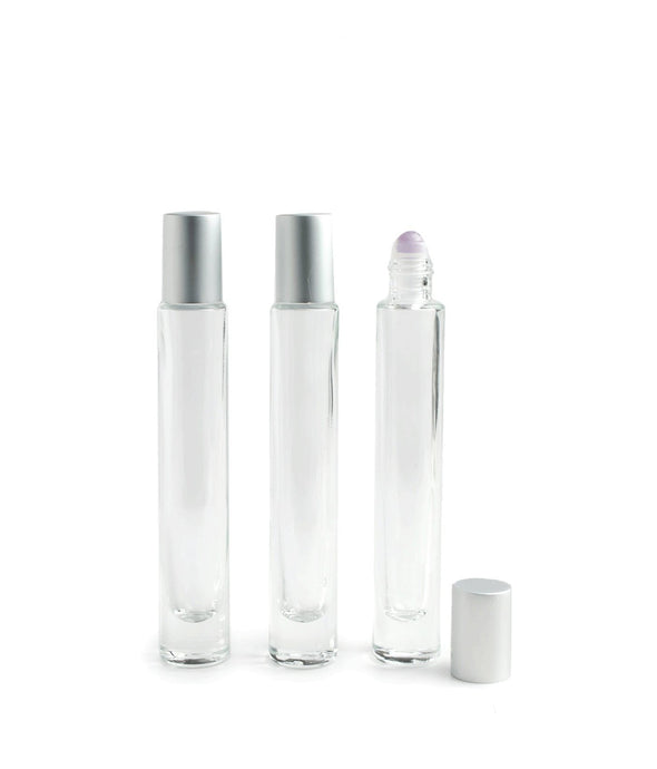 1PC MATTE Silver Cap, LUXURY 10ml TAll, THIN Cylinder Bottle, Gemstone Rollerball, Ultra Elegant Presentation for Perfumes, Essential Oils