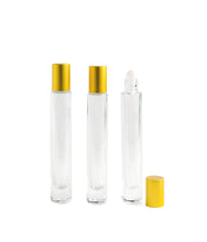 Load image into Gallery viewer, 10ml Tall Thin Cylindrical Luxury Essential Oil Rollers, with Gemston Inserts, MATTE Gold Caps, 10ml TAll, THIN Cylinder Bottles, Ultra Elegant Presentation for Perfumes (3 Pc)