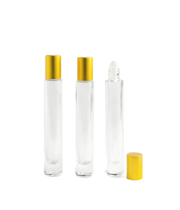 10ml Tall Thin Cylindrical Luxury Essential Oil Rollers, with Gemston Inserts, MATTE Gold Caps, 10ml TAll, THIN Cylinder Bottles, Ultra Elegant Presentation for Perfumes (3 Pc)