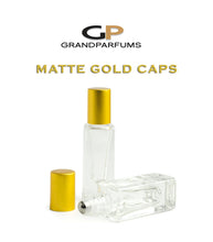 Load image into Gallery viewer, 24Pcs 5ml Roller Bottles w/ MATTE Gold/Silver Caps LUXuRY SQUARE Clear Glass Perfume Roll-ons Stainless STEEL Roller, 1/6 Oz Essential Oil