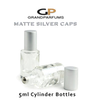 Load image into Gallery viewer, 6 LUXURY SILVER Caps, Cylindrical 5ml Clear Glass Roll-on Roller  Essential Oil Perfume Bottles Steel Balls, 1/6 Oz Essential Oil  5 ml