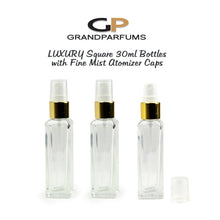 Load image into Gallery viewer, 3 Square Perfume ATOMIZERS Glass Bottle Column Shape 30 ml Shiny Silver or Gold Sprayer 1 Oz Essential Oil Fragrance Spray Misters DIY Blend