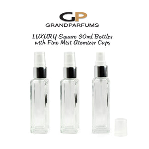 3 Square Perfume ATOMIZERS Glass Bottle Column Shape 30 ml Shiny Silver or Gold Sprayer 1 Oz Essential Oil Fragrance Spray Misters DIY Blend