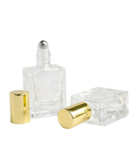 Load image into Gallery viewer, 12 Pcs Ultra LUXURY 10ml FLAT SQUARE Glass Roller Bottles Gold or Silver Caps Essential Oil Blends | Perfume | Cologne Steel Rollers 1/3 Oz