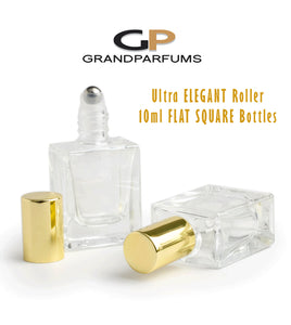 6 Pcs SQUARE Essential Oil Rollers, Ultra LuXURY 10ml FLAT SQUARE Glass Bottles Gold or Silver Caps Perfume Oil Blends | Steel Rollers