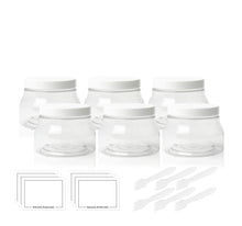 Load image into Gallery viewer, 6 Italian Style CLEAR 8 Oz Pet Plastic TUSCANY Jars 240ml w/ Smooth White Caps Body Butter, Sugar Scrubs, Bath Salt FREE Labels and Spatulas