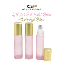Load image into Gallery viewer, BLUSH Frosted PINK 10ml Roller Bottles, AMETHYST Glass or Steel Rollerballs Rose Pink Glass Matte Gold Caps, 6 Units, Best Price
