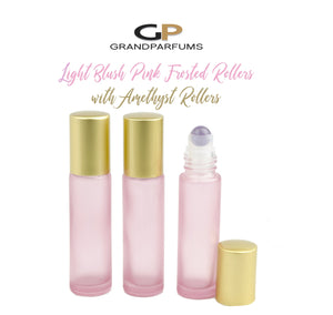 BLUSH Frosted PINK 10ml Roller Bottles, AMETHYST Glass or Steel Rollerballs Rose Pink Glass Matte Gold Caps, 6 Units, Best Price