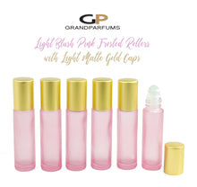 Load image into Gallery viewer, BLUSH Frosted PINK 10ml Roller Bottles, Rose Pink Glass with Light MATTE Gold Caps, Glass, Steel, Rose Quartz Crystal Rollerballs | 12 Units