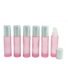 Load image into Gallery viewer, 10ml Essential Oil Roller Bottles 6 BLUSH PINK Frosted Glass w/ MATTE Silver Caps Steel Glass, Rose Quartz, or Laboradorite Balls