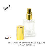 Load image into Gallery viewer, 6 ULTRA FLaT SQUARE Atomizer Bottles 10ml Clear LUXURY Glass Bottle, SiLVER, BlaCK or GoLD Caps Perfume Spray Bottles 1/3 Oz Essential Oil