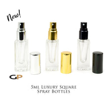 Load image into Gallery viewer, 6 Pcs 5ml SQUARE Atomizer Bottles Glass Bottle, SILVER, BLACK or GOLD Caps Perfume Bottles 1/6 Oz