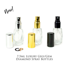 Single GEO 7.5ml Atomizer Bottle Gem Diamond Shape Clear LUXURY Glass SiLVER, BlaCK or GoLD Caps Perfume Essential Oil, 1/4 Oz Fine Mist