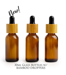 Single CLEAR 30ml Glass BAMBOO Dropper Bottles 1 Oz Boston Round Shape Glass Pipette White or Black Bulbs