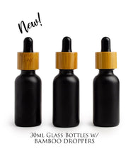 Load image into Gallery viewer, 3 Dark AMBER 30ml BAMBOO Dropper Bottles 1 Oz Boston Round Shape Glass Pipette White or Black Bulbs