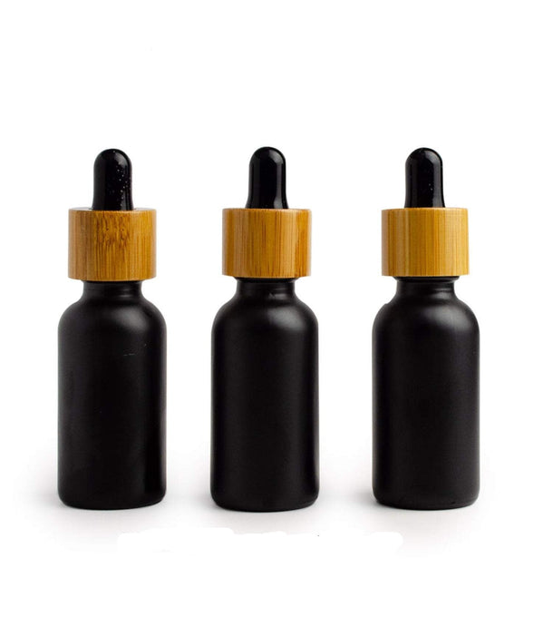 3 Dropper Bottles 1 Oz MATTE BLACK Glass w/ BAMBoO Droppers 30ml Boston Round Shape White or Black Bulbs Essential Oil,  Serum Tincture,