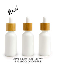 Load image into Gallery viewer, Single AMBER 30ml Essential Oil Glass BAMBOO Dropper Bottles 1Oz Boston Round w/Glass Pipettes White or Black Bulbs