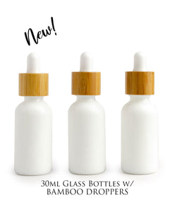 12 Dropper Bottles BLACK MATTE Glass 30ml with BAMBOO Caps 1 Oz Boston Round White or Black Bulbs