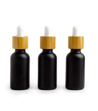 Load image into Gallery viewer, 12 Dropper Bottles BLACK MATTE Glass 30ml with BAMBOO Caps 1 Oz Boston Round White or Black Bulbs