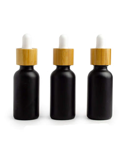 12 Dropper Bottles BLACK MATTE Glass 30ml with BAMBOO Caps 1 Oz Boston Round White or Black Bulbs