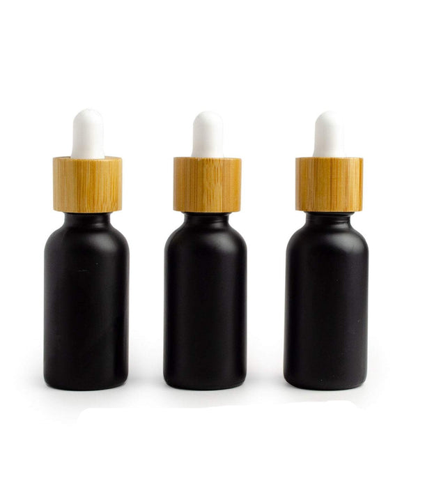 12 Dropper Bottles BLACK MATTE Glass 30ml with BAMBOO Caps 1 Oz Boston Round White or Black Bulbs