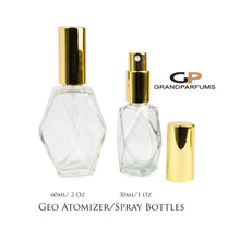 Load image into Gallery viewer, 3 PREMIUM Essential Oil Spray Bottles, 1 Oz or 2 Oz Perfume Atomizer Empty Glass Fine Mist Bottle GEO/GEM with Shiny Gold Cap 30ml or 60ml