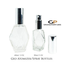 Load image into Gallery viewer, Essential Oil Spray Bottles, .5 Oz or .25 Oz Perfume Atomizer Empty Glass Fine Mist Bottle GEO/GEM with Shiny Gold Cap 15ml or 7.5ml