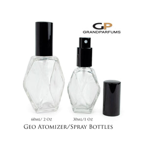 PREMIUM Essential Oil Spray Bottles, .5 Oz or .25 Oz Perfume Atomizer Empty Glass Fine Mist Bottle GEO Shape w/  BLACK Cap 15ml or 7.5ml