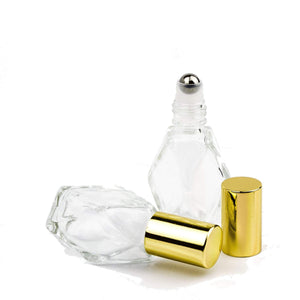 3 LUXURY GEM Essential Oil Roller Diamond Shape 7.5ml GEO Glass Gold or Silver Caps Rollon Perfume Bottles Stainless Steel Balls, 1/4 Oz