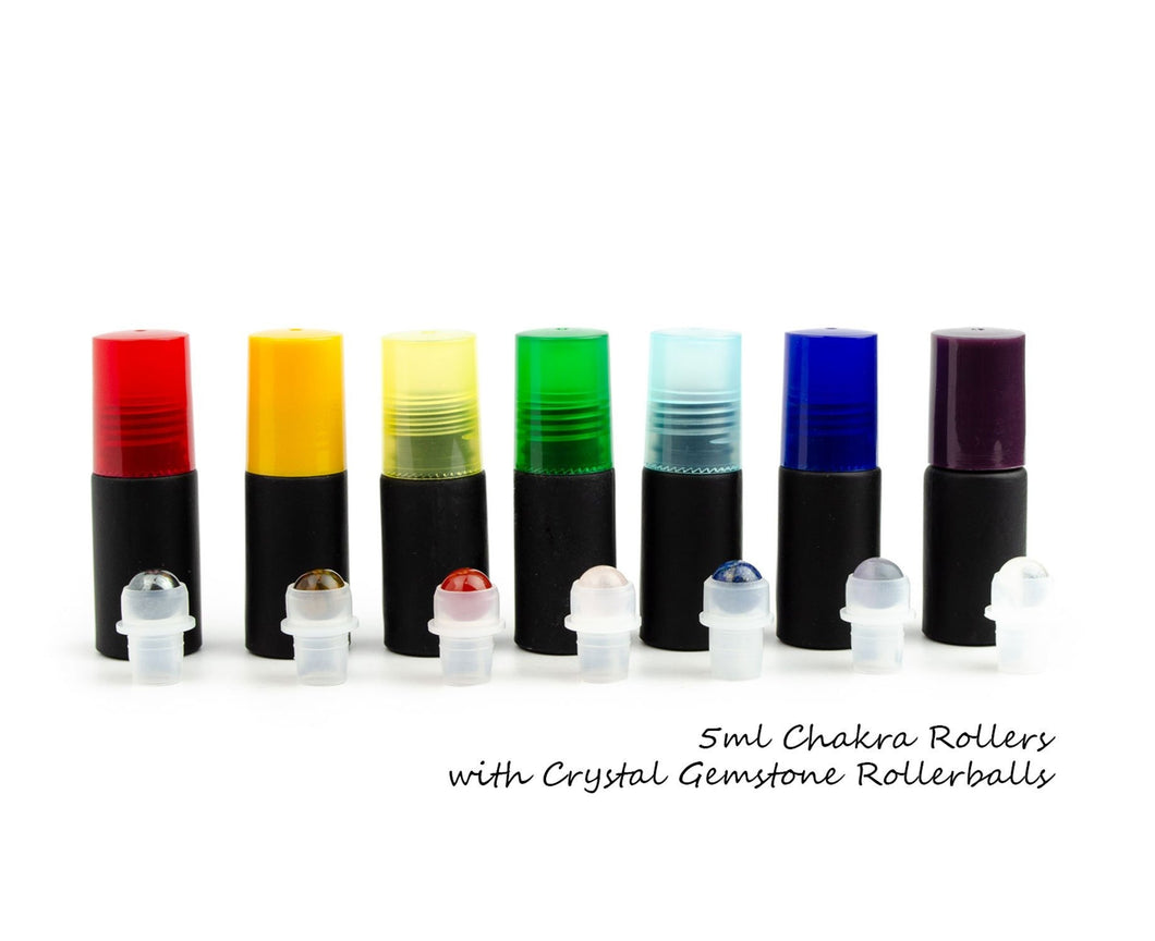 7Pcs Mini CHAKRA SET Natural GeMSTONE RollerBalls Black Matte Frosted, or White 5ml Glass Rollon Bottles Premium Chakra Color Caps EO Blends