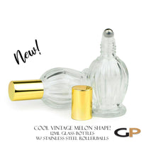 Load image into Gallery viewer, New! 3 Pcs Premium 12ml ESSENTIAL OIL Glass Roller BOTTLES ViNTAGE Style Perfume Rollons Melon Shape | Gold Caps w/ Steel Rollerball