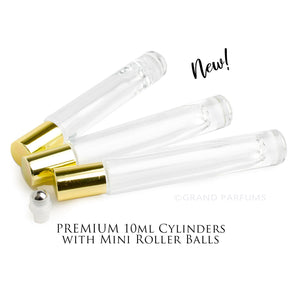 PREMIUM 10ml Essential Oil Roller | CYLINDRICAL Slim Glass Perfume Roll-on Bottle Stainless Steel Roller LUXURY Gold/Silver Cap |SINGLE Unit