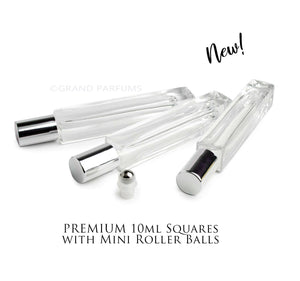 6 LUXURY SQUARE Slim 10ml Clear Glass Roll-on, Gold Caps Roller Perfume Bottles Stainless STEEL Ball Fitment, 1/3 Oz Essential Oil,  10 ml