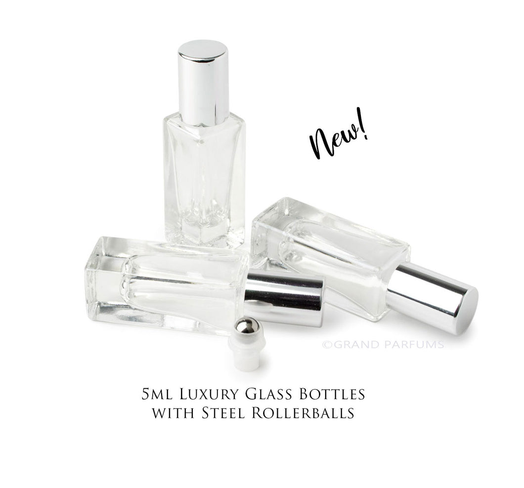 48 LUXURY SQUARE Slim 5ml Clear Glass Roll-on, Gold Caps Roller Perfume Bottles Stainless STEEL Ball Fitment, 1/6 Oz Essential Oil,  5 ml