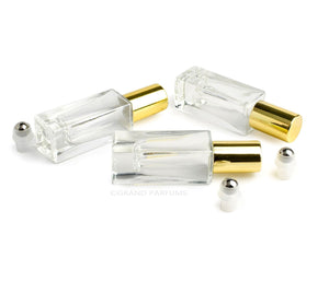 1 LUXURY SQUARE 5ml Bottle, w/ Stainless Steel Roller or Perfume Atomizer Cap, Gold, Silver, White Caps