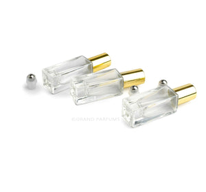 1 LUXURY SQUARE 5ml Bottle, w/ Stainless Steel Roller or Perfume Atomizer Cap, Gold, Silver, White Caps