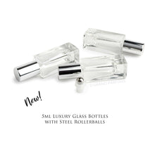 Load image into Gallery viewer, 5 ml  SQUARE Roller Bottle, Essential Oil 5ml Clear Glass Roller, Gold Caps Perfume Bottles STEEL Balls, 1/6 Oz Essential Oil Blends,  5 ml