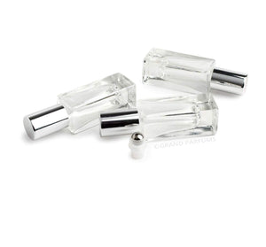 1 LUXURY SQUARE 5ml Bottle, w/ Stainless Steel Roller or Perfume Atomizer Cap, Gold, Silver, White Caps