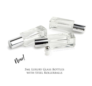 3 LUXURY SQUARE Slim 5ml Clear Glass Roll-on, Silver Caps Roller Perfume Bottles Stainless STEEL Ball, 1/6 Oz Essential Oil, 5 ml