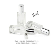 Load image into Gallery viewer, 3 LUXURY SQUARE Slim 5ml Clear Glass Roll-on, Silver Caps Roller Perfume Bottles Stainless STEEL Ball, 1/6 Oz Essential Oil, 5 ml