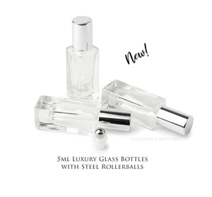 3 LUXURY SQUARE Slim 5ml Clear Glass Roll-on, Silver Caps Roller Perfume Bottles Stainless STEEL Ball, 1/6 Oz Essential Oil, 5 ml