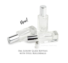 Load image into Gallery viewer, 3 LUXURY SQUARE Slim 5ml Clear Glass Roll-on, Silver Caps Roller Perfume Bottles Stainless STEEL Ball, 1/6 Oz Essential Oil, 5 ml