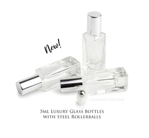 3 LUXURY SQUARE Slim 5ml Clear Glass Roll-on, Silver Caps Roller Perfume Bottles Stainless STEEL Ball, 1/6 Oz Essential Oil, 5 ml